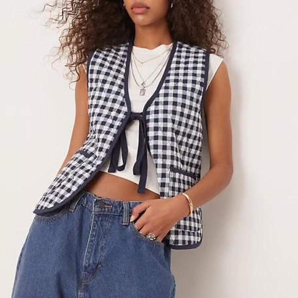 Free People Claudine Quilted Gingham Tie Front Vest in Navy - S